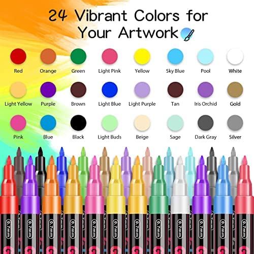 Acrylic Paint Pens,Emooqi 24 Acrylic Paint Markers Paint Pens Marker Pens for DIY Craft Projects Waterproof Paint Art Marker for Rock Painting Ceramic Glass Canvas Mug Wood Metal-0.7mm fine tip
