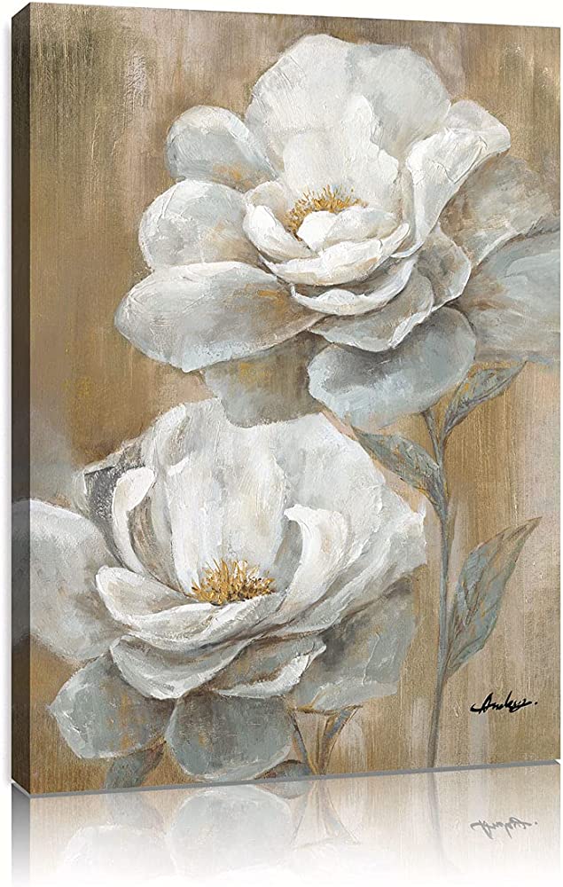 B BLINGBLING Floral Canvas Wall Art Peony Flower Picture Abstract White and Gold Painting Giclee Print Artwork Home Decor for Bedroom Bathroom Ready to Hang 12