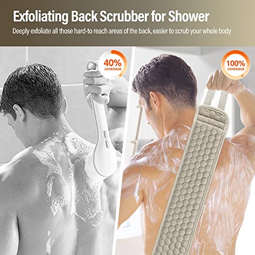 Suntee Exfoliating Back Scrubber for Shower, 3 PCS Loofah Back Scrubber with Exfoliating Glove and Sponge Pad Set, Long Deep Clean Back Washer Bath Shower Scrubber for Men and Women (36.5*4.5 inch)