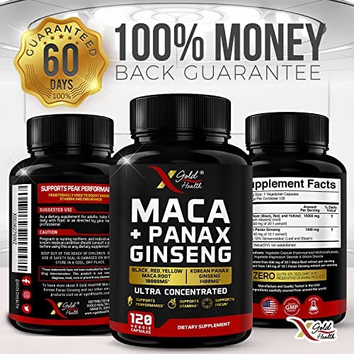 Maca Root Capsules 10,000mg + Korean Panax Ginseng 1,400mg - 20x Concentrated Extract Black + Red + Yellow Maca Root, 10x Concentrated Extract Panax Ginseng Capsules - Ultra Potent & Highly Purified