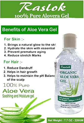 Raslok Aloe Vera Gel 100% Pure Natural Organic Aloe Gel For Moisturizing Face Skin & Hair Care,Durable Moisturizing Hydrating Soothing After Sun Repair Non-Sticky (7.76 OZ)