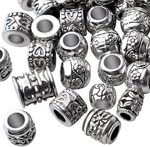 Large Hole Spacer Beads,100g Antique Silver Mixed Styles Tube Bead Spacers Tibetan Alloy Column Barrel Round Spacers Loose Beads for DIY Jewelry Bracelet Crafts Making Supplies