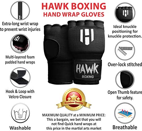 Hawk Padded Inner Gloves Training Gel Elastic Hand Wraps for Boxing Gloves Quick Wraps Men & Women Kickboxing Muay Thai MMA Bandages Fist Knuckle Wrist Wrap Protector Handwraps (Pair)