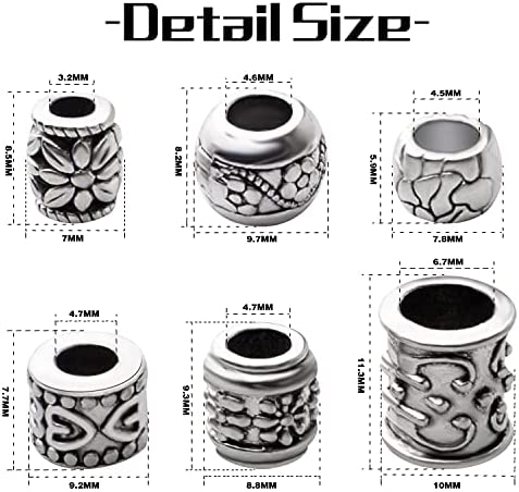 Large Hole Spacer Beads,100g Antique Silver Mixed Styles Tube Bead Spacers Tibetan Alloy Column Barrel Round Spacers Loose Beads for DIY Jewelry Bracelet Crafts Making Supplies