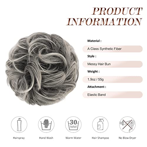 FESHFEN Messy Bun Hair Piece Large Gray Hair Bun Scrunchies Extensions Synthetic Salt and Pepper Easy Bun Tousled Updo Grey Hairpieces for Women Girls
