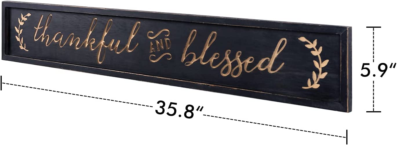 NIKKY HOME Thankful and Blessed Carved Wood Framed Wall Plaque Sign with Inspirational Quote, 36