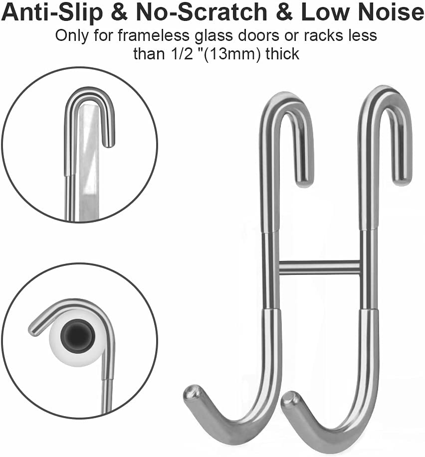 Haitis 4 Pack Over Shower Glass Door Hooks, Polished Silver, SUS 304 Stainless Steel Rack Hooks, Bathroom Frameless Drilling-Free Hanger, for Bathing Suits, Robe, Towel, Squeegee, Loofah, Shaver