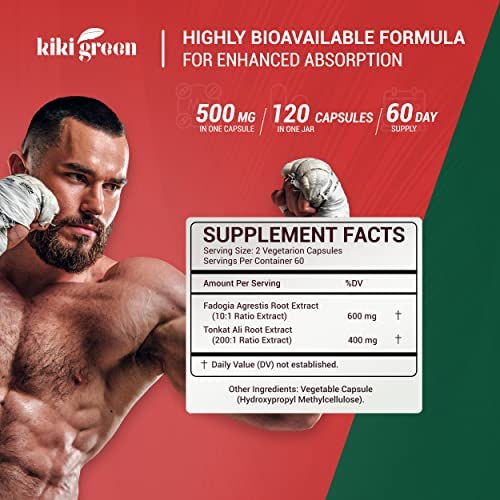 KIKI Green Fadogia Agrestis Extract with Tongkat ali for Men 1000mg Per Serving, 120 Capsules, Third Party Tested, Ultra Strength, Support Energy and Endurance, Gluten Free, Non-GMO, Vegan Capsules