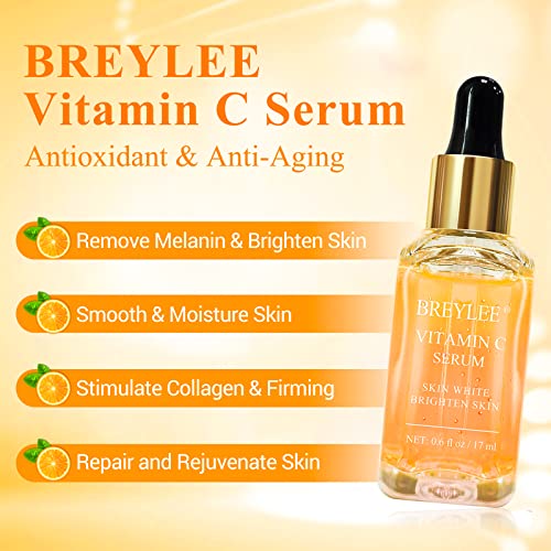 Vitamin C Serum for Face, BREYLEE Vitamin C Facial Serum, Moisturizing Face Serum, Anti Aging Serum for Skin Care, Brightening Skin with Hyaluronic Acid, Vitamin E, Retinol, Nicotinamide 0.6 Fl Oz