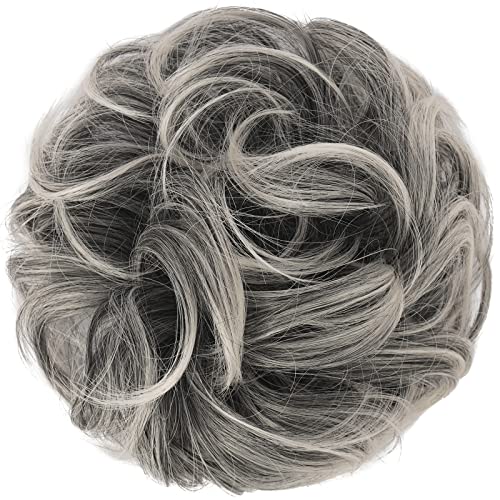 FESHFEN Messy Bun Hair Piece Large Gray Hair Bun Scrunchies Extensions Synthetic Salt and Pepper Easy Bun Tousled Updo Grey Hairpieces for Women Girls
