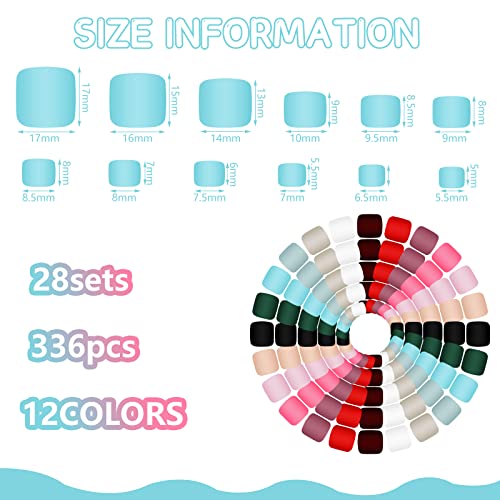 336 Pieces 12 Sets False Toe Nails Matte Short Square Fake Toenails Full Cover Glue-on Fake Toe Nails Solid Color Matte False Toe Nails for Women Girls Favors (Chic Colors)