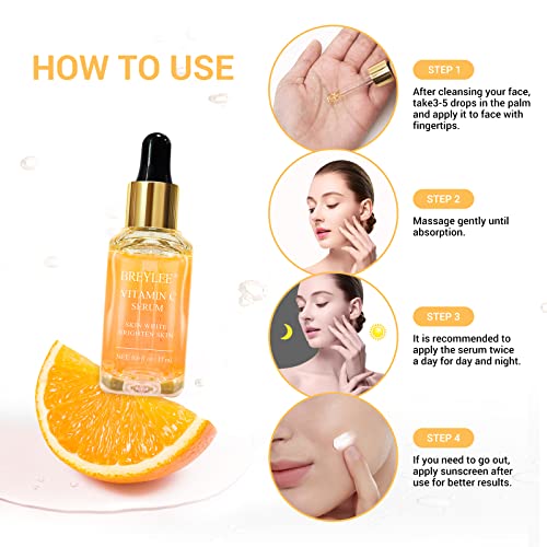 Vitamin C Serum for Face, BREYLEE Vitamin C Facial Serum, Moisturizing Face Serum, Anti Aging Serum for Skin Care, Brightening Skin with Hyaluronic Acid, Vitamin E, Retinol, Nicotinamide 0.6 Fl Oz