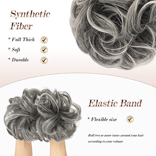 FESHFEN Messy Bun Hair Piece Large Gray Hair Bun Scrunchies Extensions Synthetic Salt and Pepper Easy Bun Tousled Updo Grey Hairpieces for Women Girls