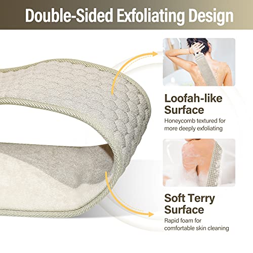 Suntee Exfoliating Back Scrubber for Shower, 3 PCS Loofah Back Scrubber with Exfoliating Glove and Sponge Pad Set, Long Deep Clean Back Washer Bath Shower Scrubber for Men and Women (36.5*4.5 inch)