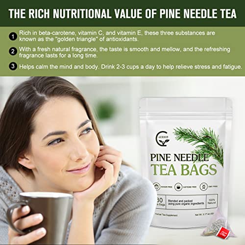 Organic Pine Needle Tea Bags - 100% Pure Natural Dried Pine Needles Herbal Tea, Effectively Antioxidant & Immune Support, Caffeine Free, 30 Tea Bags