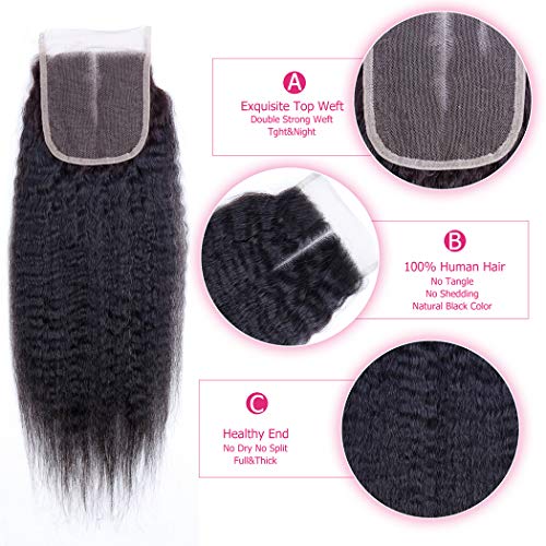 20 Inch Kinky Straight 4x4 Lace Closure 130% Density Brazilian Human Hair 9A Unprocessed Yaki Straight Virgin Hair Lace Front Closure No Bleached Knots Natural Color