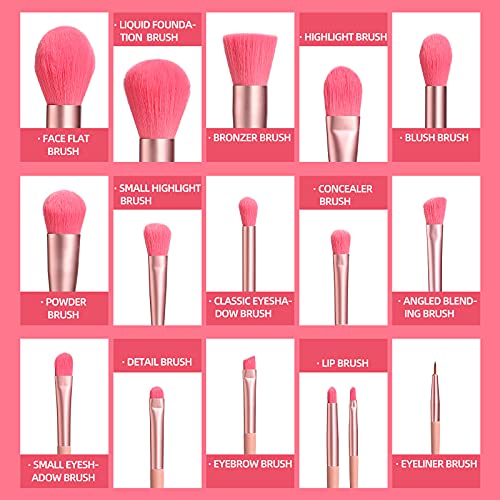 BS-MALL Makeup Brushes Premium Synthetic Bristles Powder Foundation Blush Contour Concealers Lip Eyeshadow Brushes Kit,16Pcs, Pink