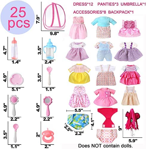 lausomile 25 Pack Alive Baby Doll Clothes Accessories Girl Gift - 12 PCS Dress Fit for 12 13 14 15 inch Doll Girl Clothes & Baby Bitty Doll, with Underwear Diapers Umbrella Milk Bottle Backpack