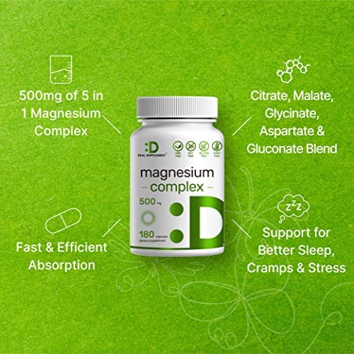 Magnesium Complex Supplement 500mg, 180 Capsules, 5 in 1 Formula, Magnesium Glycinate and Malate, Citrate, Aspartate & Gluconate, Chelated for Absorption, Supports Muscle, Joint Health & Relaxation