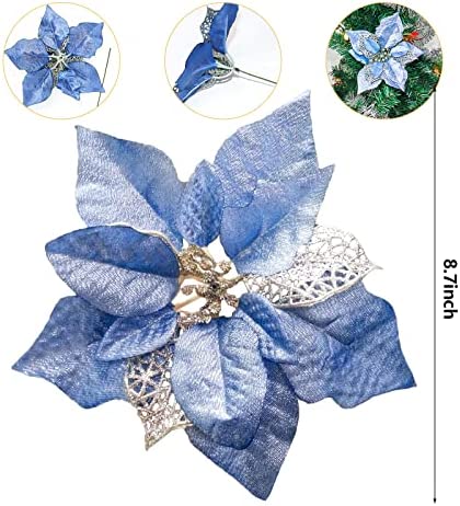 Crazy Night 12pcs 8.7inch Blue Glitter Poinsettia Artificial Flowers ,Christmas Tree Decorations,Wedding Xmas New Year Wreath Ornaments
