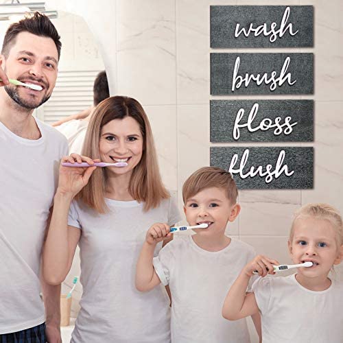 Jetec 4 Pieces Farmhouse Bathroom Wall Decors Wash Brush Floss Flush Signs Rustic Hanging Wooden Signs Primitive Bathroom Wall Arts Vintage Wooden Decorations for Home Laundry Room Bathroom (Gray)