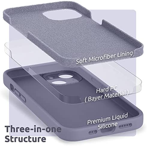 SURPHY Compatible with iPhone 13 Case with Screen Protector, (Camera Protection + Soft Microfiber Lining) Liquid Silicone Phone Case 6.1 inch 2021, Lavender Gray