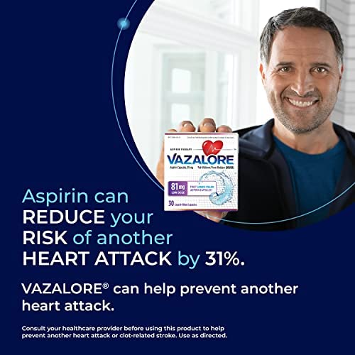 VAZALORE? Aspirin 81mg for Adults | Low Dose Aspirin Heart Therapy | Liquid-Filled Capsules to Help Protect Stomach | Pain Relief | 30 Count