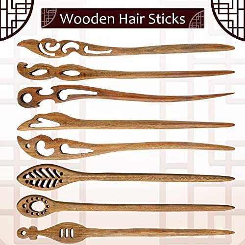 8 Pieces Wooden Hair Sticks Japanese Hair Chopstick for Women Bun Maker, Chinese Chopstick Hair Pins for Women Long Hair Handmade Chignon Maker Hair Accessories (Chic Style)