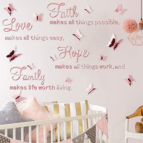 3D Acrylic Mirror Wall Decor Stickers Removable Butterfly Mirror Wall Stickers DIY Faith Makes All Things Possible for Home Office School Teen Dorm Room Mirror Wall Decoration (Rose Gold)