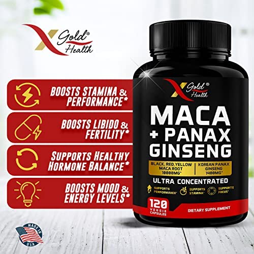 Maca Root Capsules 10,000mg + Korean Panax Ginseng 1,400mg - 20x Concentrated Extract Black + Red + Yellow Maca Root, 10x Concentrated Extract Panax Ginseng Capsules - Ultra Potent & Highly Purified