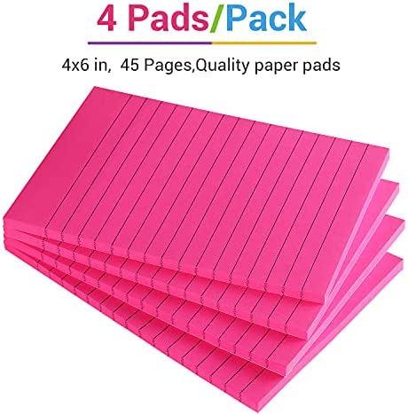 4x6 Lined Sticky Notes Bright Ruled Post Stickies Strong Adhesive Memo Pads, 4 Pads/Pack, 45 Sheets/Pad (Rose)