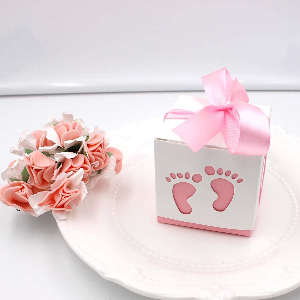 50 Pcs Cute Newborn Baby Footprints Candy Boxes with Ribbon Baby Shower Candy Box Party Table Decor Birthday Party Gift Favor(Pink)