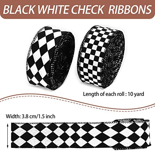 2 Rolls/ 20 Yards Black and White Checkered Ribbons Buffalo Plaid Wired Edge Ribbon Diamond Check Gingham Wrapping Ribbon for Christmas Tree DIY Hair Bow Wreath Decors Crafts, 2 Styles (1.5 Inch Wide)