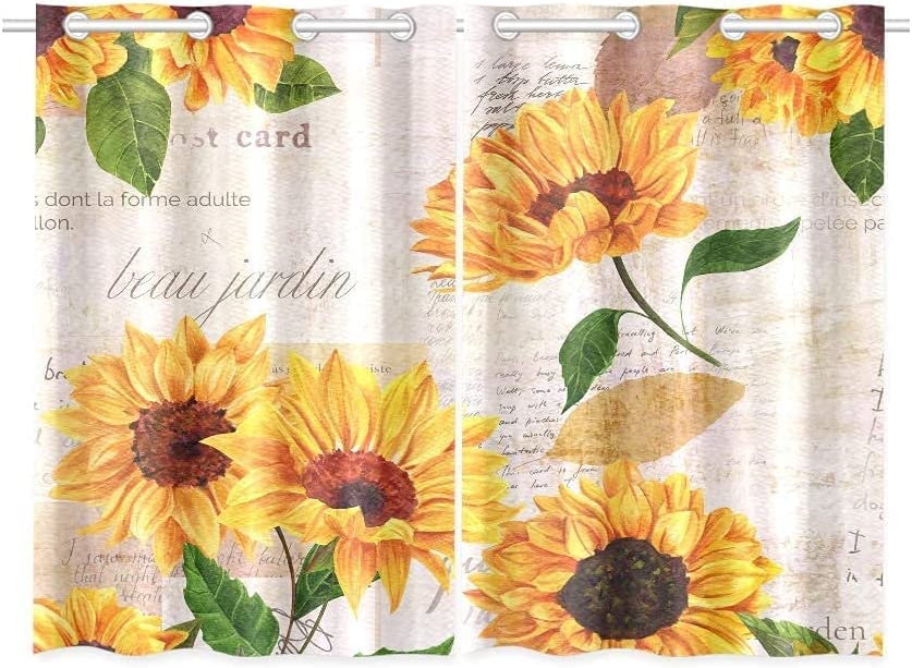YUMOING Hand Drawn Vibrant Yellow Watercolor Sunflowers Kitchen Curtains Window Curtain Tiers for Caf?, Bath, Laundry, Living Room Bedroom 26 X 39 Inch 2 Pieces