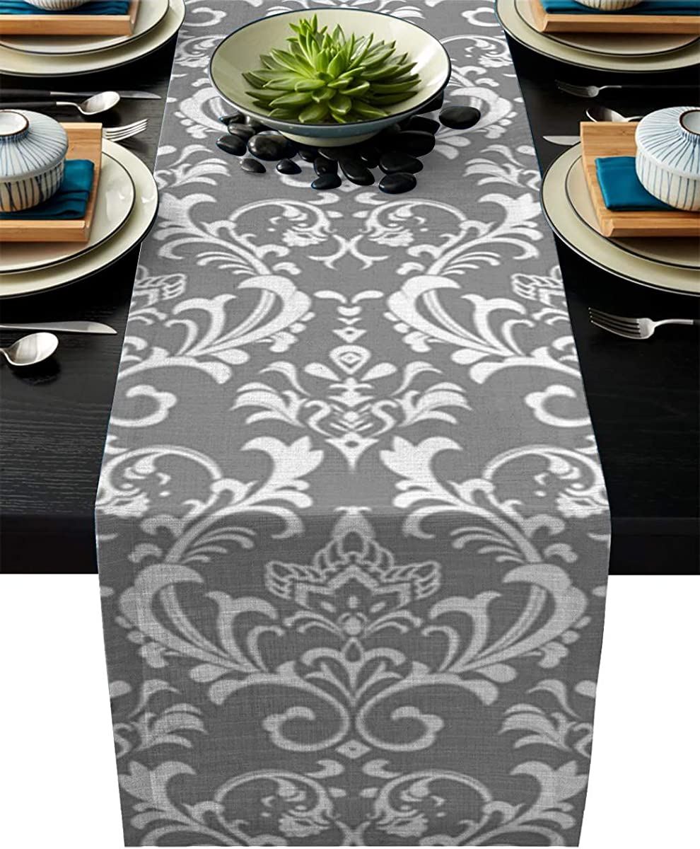 Custom Bed USA Linen Burlap Table Runner Classical Table Runners 13x70 inches Washable Fabric Tablerunner Table Top Decoration Tapestry for Indoor Outdoor Events - Ethnic Floral Geometric Grey White