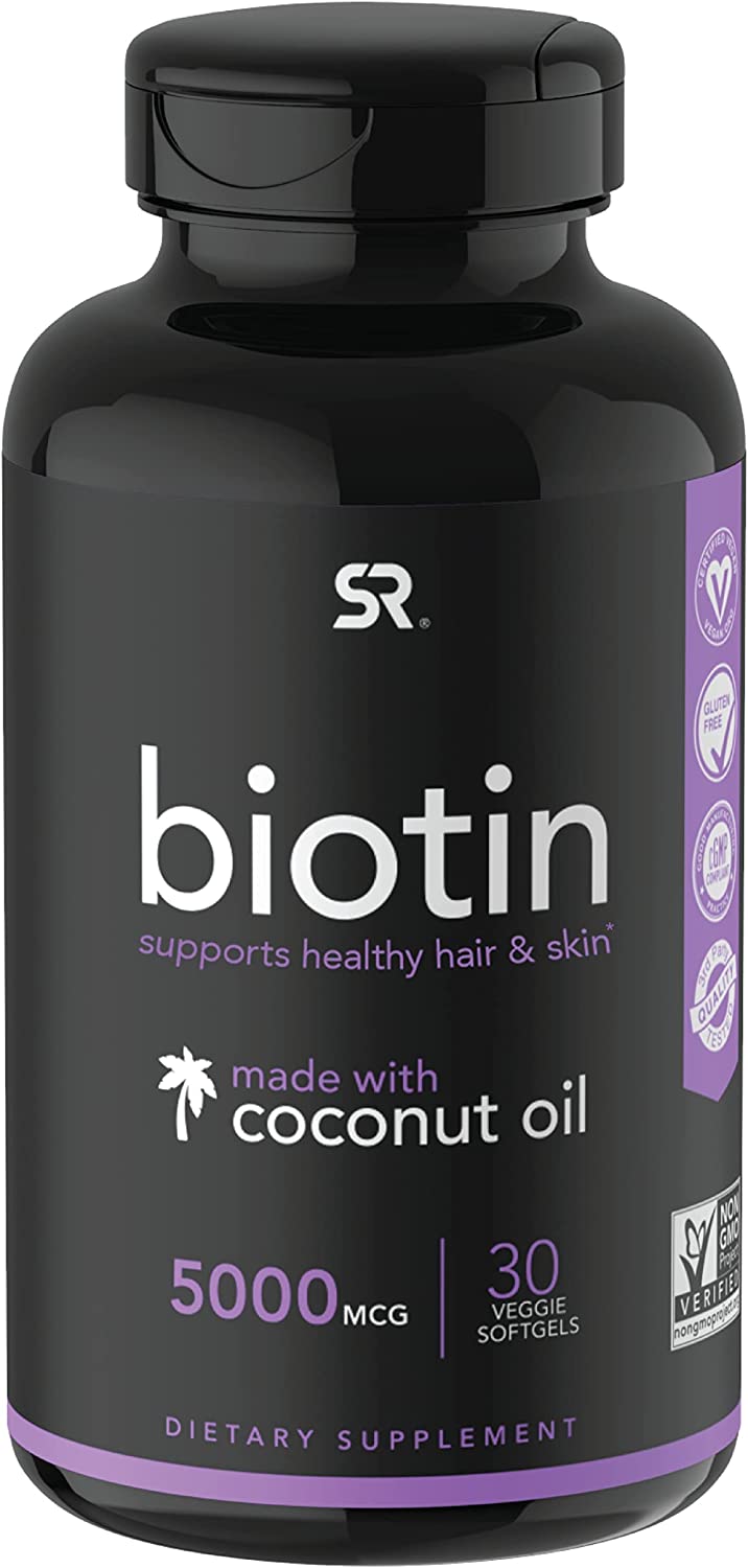 Sports Research Extra Strength Vegan Biotin (Vitamin B) Supplement with Organic Coconut Oil - Supports Keratin for Healthier Hair & Skin - Great for Women & Men - 5,000mcg, 30 Veggie Softgel Capsules