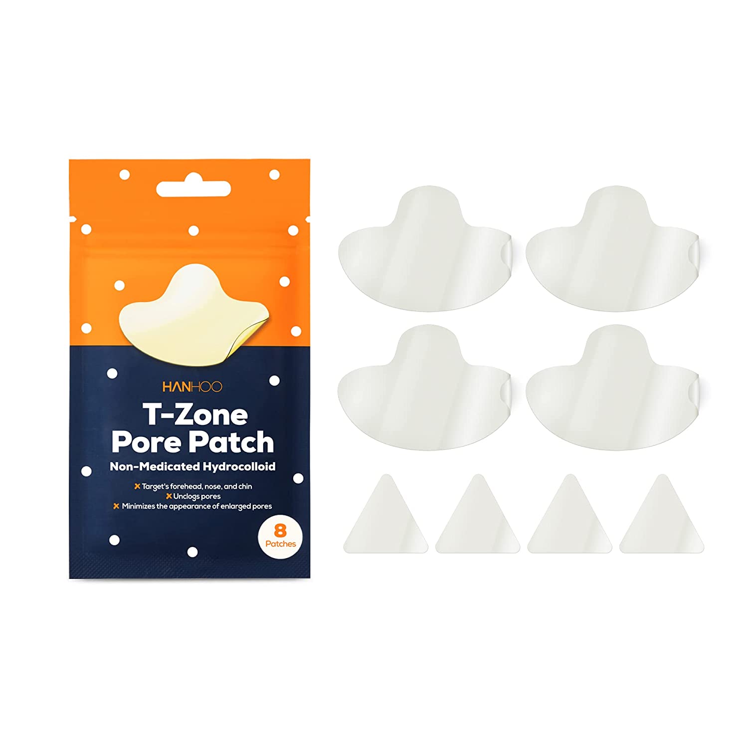 Hanhoo T-Zone Pore Patch | Hydrocolloid Nose Patches | For Blackheads & Clogged Pores | Fits Nose, Chin, and Forehead | Cruelty-free and Vegan | 8 Patch Count - 4 Pore Patches & 4 Triangle Patches