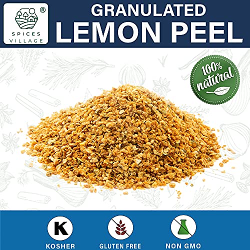 SPICES VILLAGE Dried Lemon Peel Granules (4 Oz) - Fresh Lemon Peel Zest and Rind, Citrus Fruit Seasoning for Cooking, Baking & Herb Tea - Kosher, Gluten Free, Non GMO, Resealable Bulk Bag