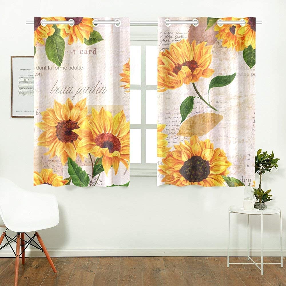 YUMOING Hand Drawn Vibrant Yellow Watercolor Sunflowers Kitchen Curtains Window Curtain Tiers for Caf?, Bath, Laundry, Living Room Bedroom 26 X 39 Inch 2 Pieces