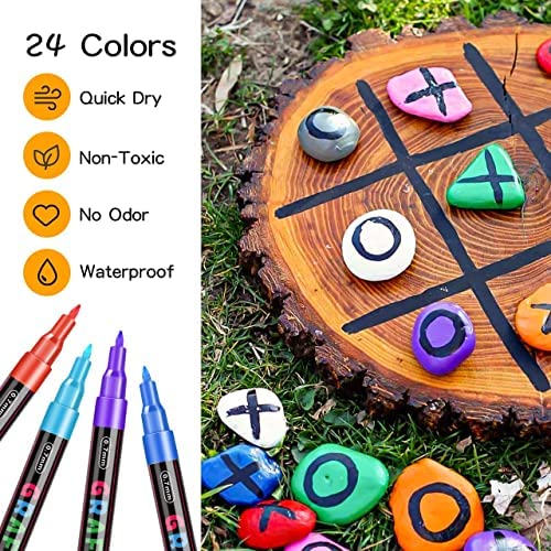 Acrylic Paint Pens,Emooqi 24 Acrylic Paint Markers Paint Pens Marker Pens for DIY Craft Projects Waterproof Paint Art Marker for Rock Painting Ceramic Glass Canvas Mug Wood Metal-0.7mm fine tip