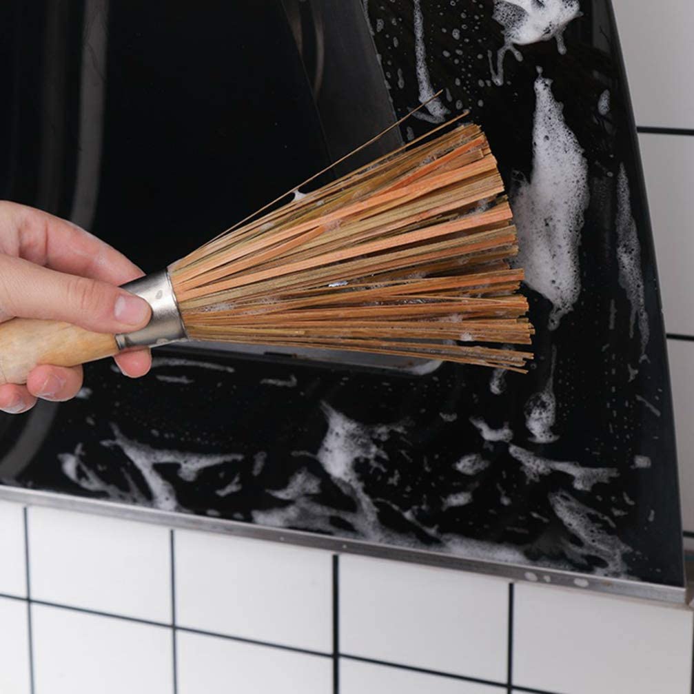 DOITOOL 2 pcs Wok Cleaning Whisk Dish Pan Scrubbing Bamboo Wood Brushes Multipurpose Handle Cleaner Brush for Home Restaurant Kitchen