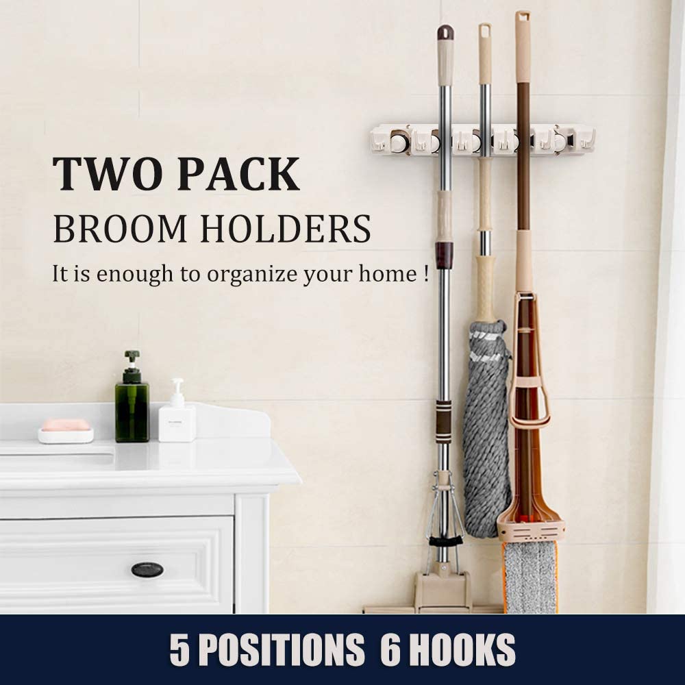 2 Pack Imillet Mop and Broom Holder, Wall Mounted Organizer-Mop and broom Storage Tool Rack with 5 Ball Slots and 6 Hooks (Beige)