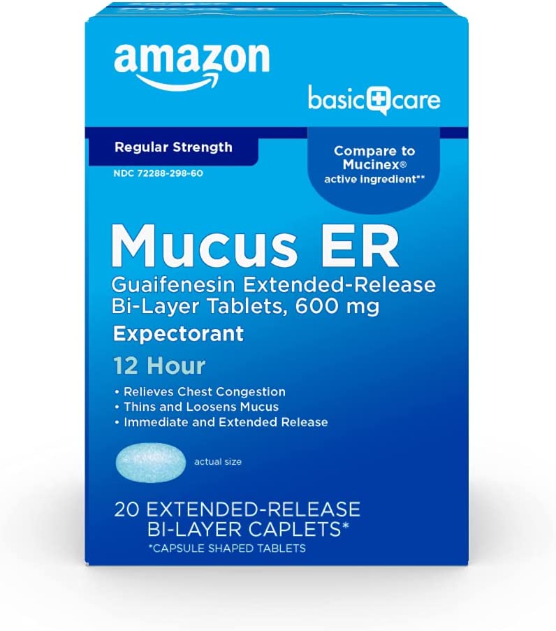 Amazon Basic Care Guaifenesin Cough and Mucus Relief Extended-Release Tablets, 600 mg, 12 Hour Expectorant, 20 Count