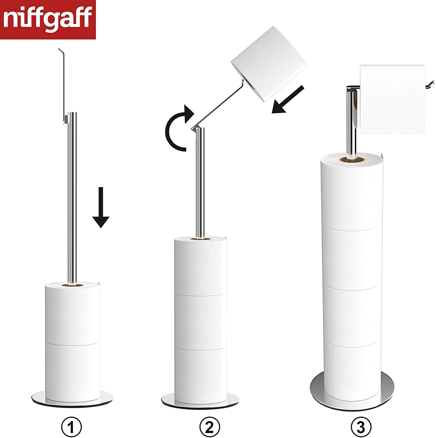 NIFFGAFF Toilet Paper Holder Stand and Dispenser for 4 Spare Rolls,Toilet Paper Storage,Stainless Steel Free-Standing Toilet Tissue Paper Roll Storage Shelf,Bathroom Accessories