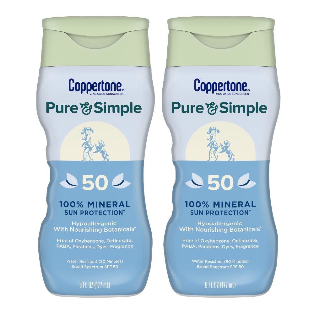 Coppertone Pure and Simple Zinc Oxide Mineral Sunscreen Lotion SPF 50, Body Sunscreen, Water Resistant, Broad Spectrum SPF 50 Sunscreen Pack, 6 Fl Oz Bottle, Pack of 2