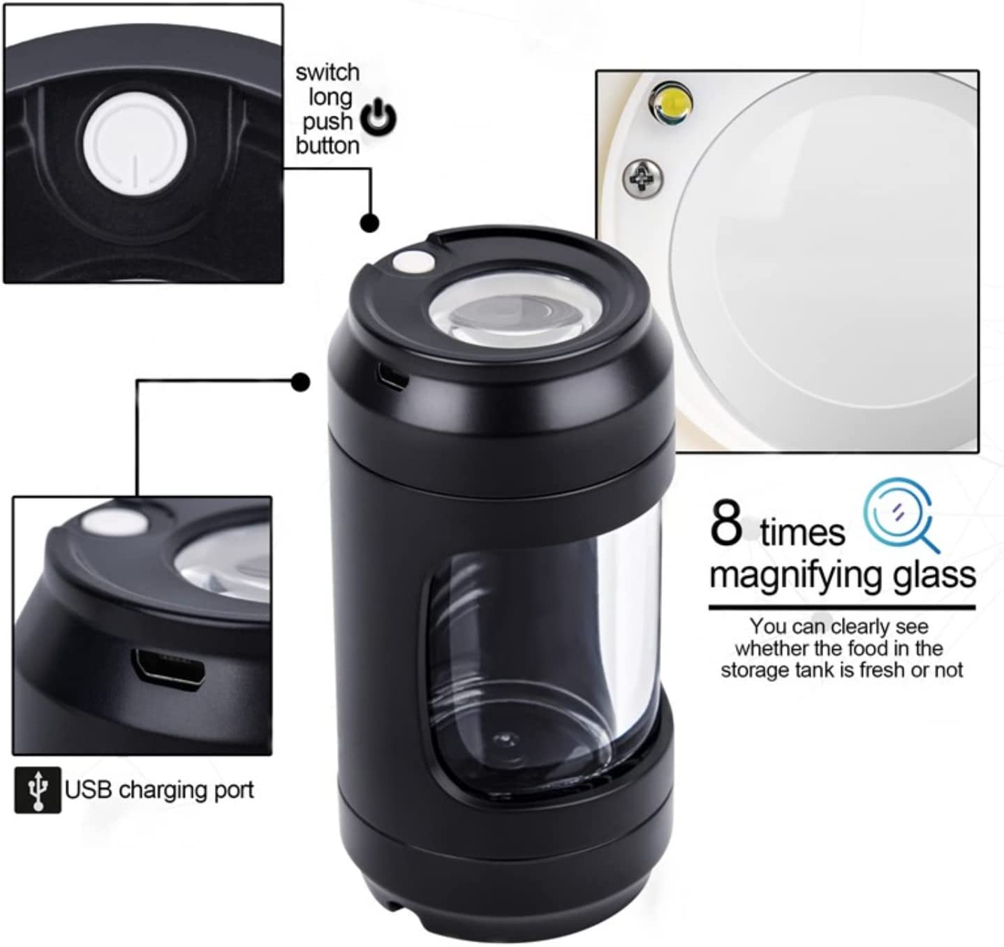 Light-Up LED Transparent Airtight Storage Jars with Herb Grinder Magnifying Viewing Jar Portable Lightweight for Easy Storage and Carrying (BLACK)