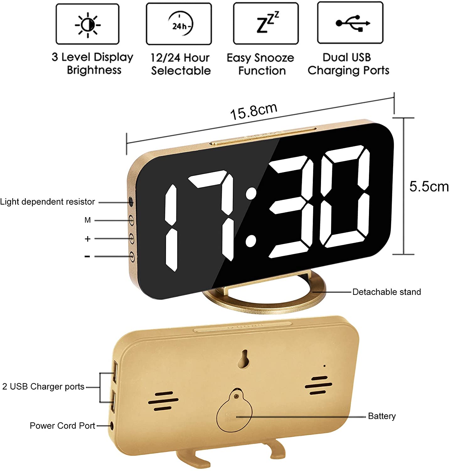 Digital Alarm Clock,6.5 Inch LED Mirror Electronic Clocks,with 2 USB Charging Ports,3 Adjustable Brightness,Snooze,12/24H,for Bedroom Home Office(Gold)