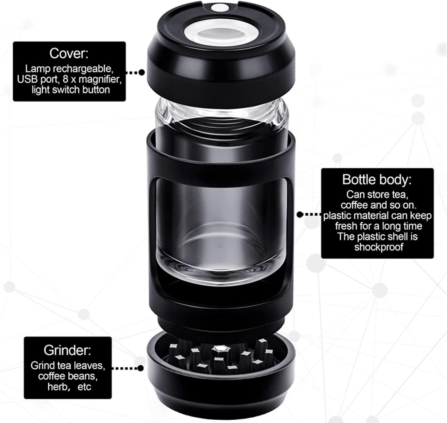 Light-Up LED Transparent Airtight Storage Jars with Herb Grinder Magnifying Viewing Jar Portable Lightweight for Easy Storage and Carrying (BLACK)