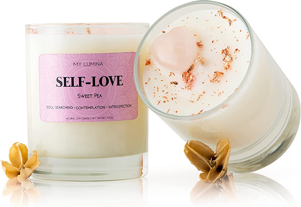 My Lumina Self-Love Aromatherapy Candle w/ Rose Quartz Crystal Inside -Natural Heart Chakra Energy to Attract Love- Soy Wax Scented Candle for Home Decor Art, Self Care, Spiritual Healing Gift, Women