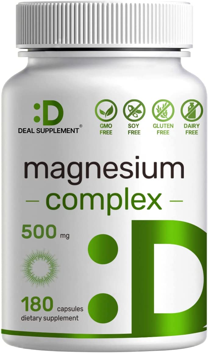 Magnesium Complex Supplement 500mg, 180 Capsules, 5 in 1 Formula, Magnesium Glycinate and Malate, Citrate, Aspartate & Gluconate, Chelated for Absorption, Supports Muscle, Joint Health & Relaxation